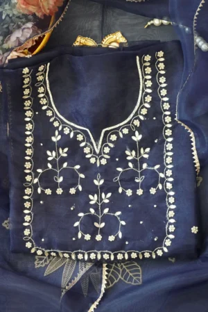 Ink Blue Unstitched Suit with Silver Zari and Sequin Floral Embroidery