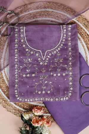 Dusky orchid Unstitched Suit with Golden Zari and Sequin Floral Embroidery