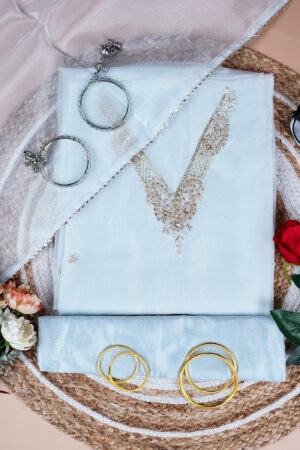 Sharvi Blue Unstitched Suit Set with Handcrafted Zardozi Work