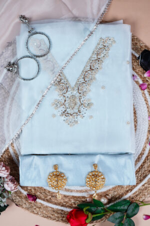 Riva Ice Blue Zari & Sequins Embellished Unstitched Suit Set