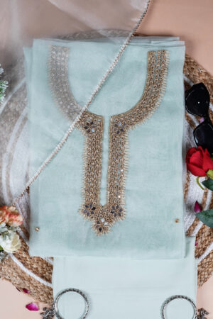 Sage Green Glow Pista Unstitch Suit with Exquisite Mirror Work Heritage Weave