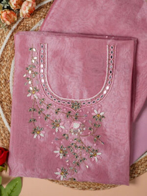 Pink Petal Hand Embroidered Unstitched Suit Set with Beads & Mirror Work