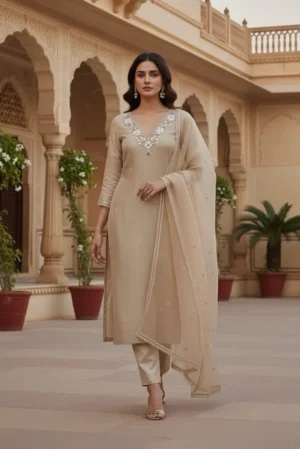 Caramel Pearl Mirror Work Organza Unstitched Suit Set