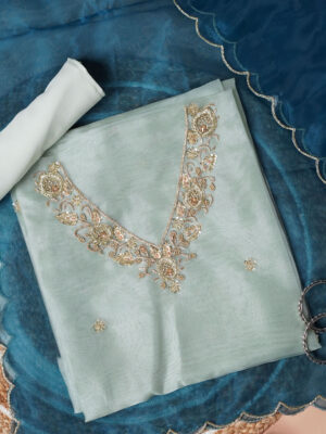 Soft Green Glow Hand Embroidered Unstitched Suit Set with Zari & Zardozi Work