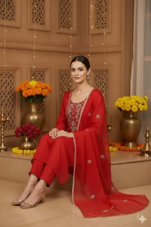 Gulnaar Red Zari Unstitched Suit Set